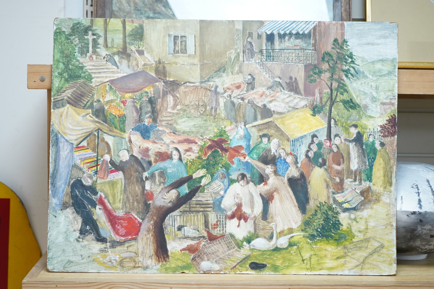 Manner of Sir Stanley Spencer RA (1891-1959), Busy market scene with figures, 20th century, oil on board, unsigned, 45 x 61cm, unframed